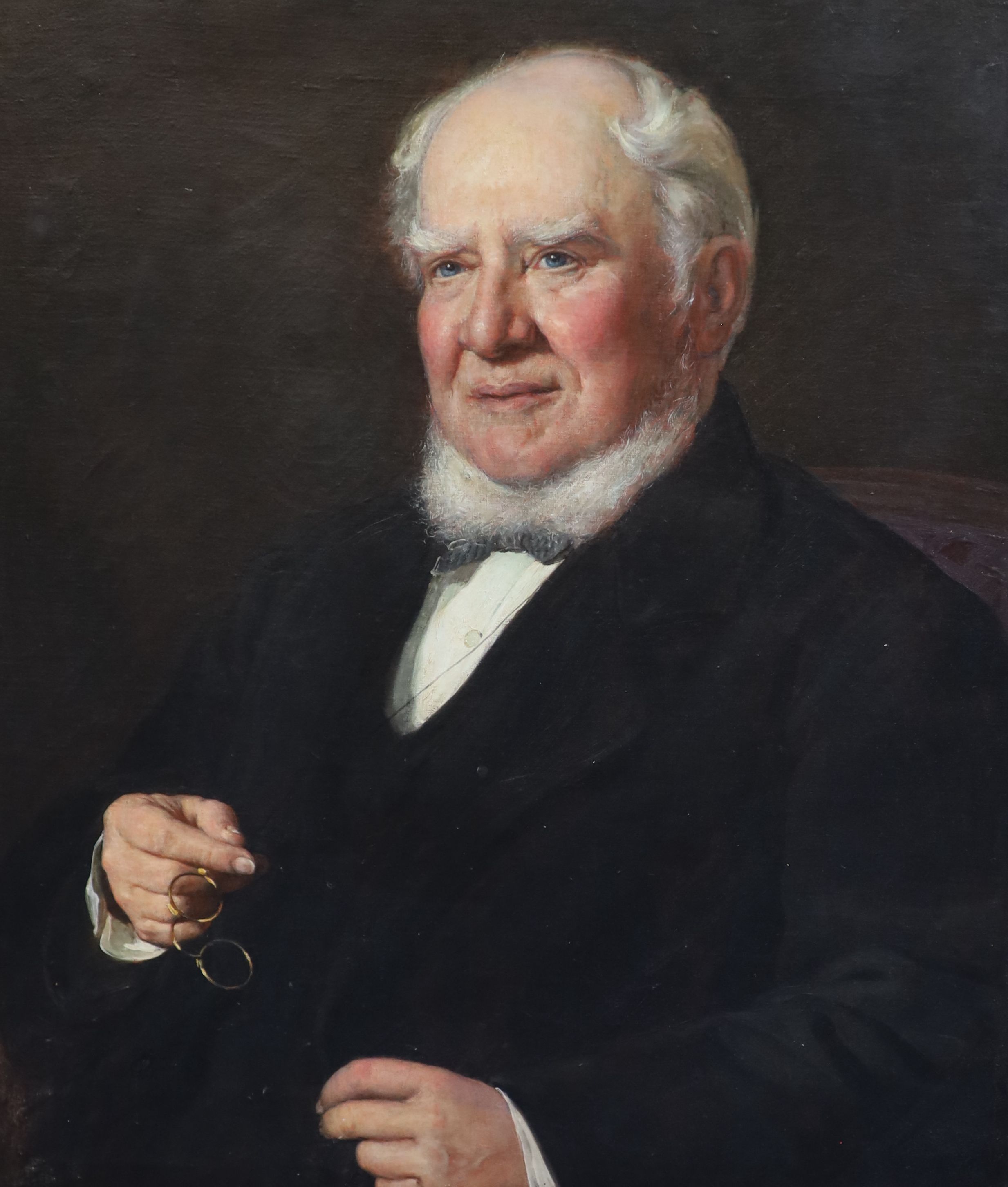 Walter Prescott, Half length portraits of Sir W.J. Hicks and his wife pair of oils on canvas he unsigned, she signed and dated 1881 with additional monogram dated ’84, 76 x 64cm and 76 x 62cm, frames differ